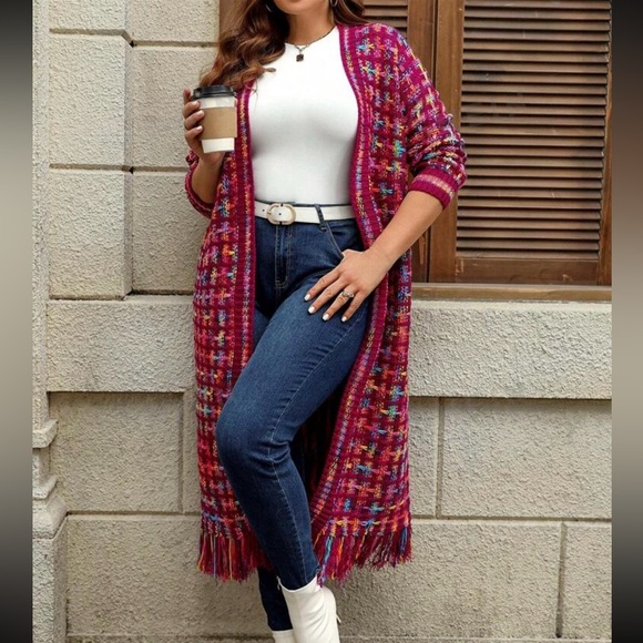 Boho Tassel Fringe Knit Sweater Cardigan Pink - Picture 4 of 13